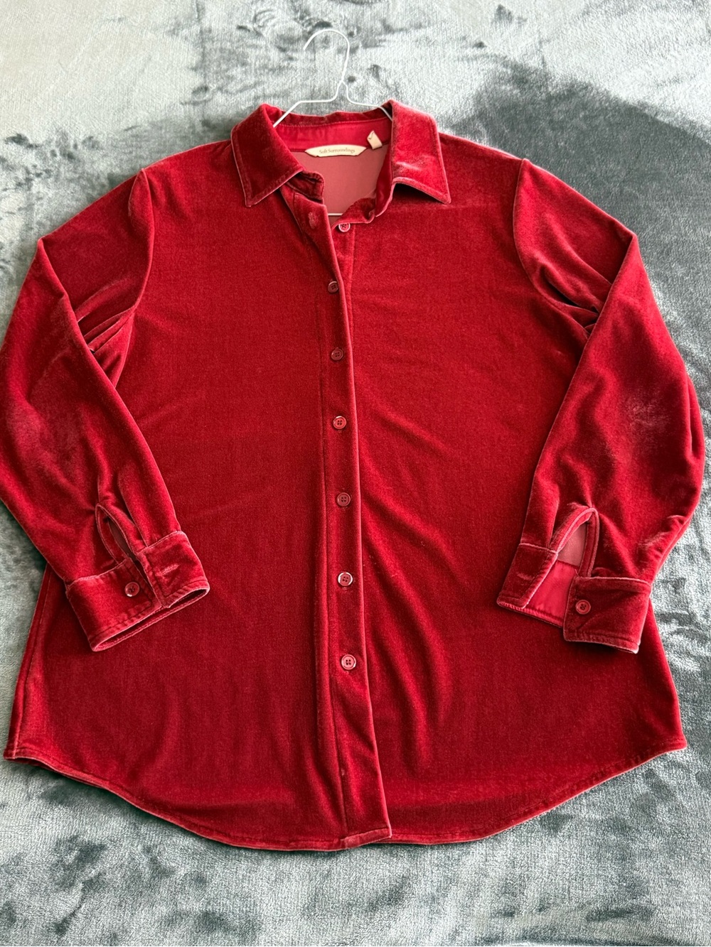 Soft Surroundings Red Crushed Velvet Button Up Shirt PS Small Petite Holiday